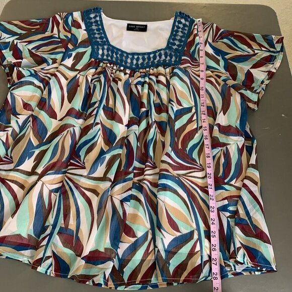 Lane Bryant Short Sleeve Blouse Lightweight Crochet Teal Brown Top Womens 18 20 - Picture 12 of 15